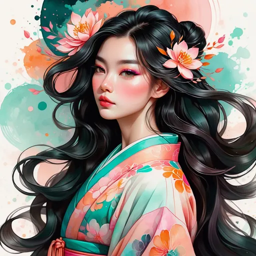 Prompt: An asian woman wearing an intricate kimono, digital watercolor painting,  paint splatter, long hair, bold brush strokes, pale skin, bright colors on white background, pink peach orange teal black color palette, symmetrical, bold eyeshadow, adorable, cute, Pixar style painting, art nouveau