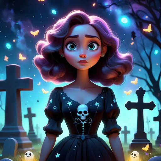 Prompt: Cute Pixar style painting, an adorable spirit woman, graveyard, midnight, translucent skin,  floating, nebula, galaxy, stars, fireflies, glowing eyes, glowing, Graves, cemetery, soft light, 4k, beautiful , gravestones, crypt, dead trees, hill