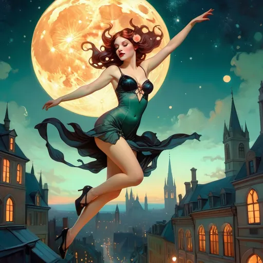 Prompt: beautiful succubus, legs showing, arms showing, jumping, fragonard, pixar, glowing eyes, dusk, Gothic, pale green skin, night sky, city, bioluminescent, wearing tattered clothing, blood, blood spatter, galaxy, backlit, glowing, delicate, peach, indigo, teal, grey, black, soft, straight hair, long hair, ethereal, dark night, luminous, 3D lighting, soft light, detailed face, realistic face, HD,  yellow school bus, ((bouncy castle)), ((jumping)), jump