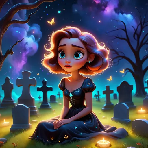 Prompt: Cute Pixar style painting, an adorable spirit woman, graveyard, midnight, translucent skin,  floating, nebula, galaxy, stars, fireflies, glowing eyes, glowing, Graves, cemetery, soft light, 4k, beautiful , gravestones, crypt, dead trees, hill