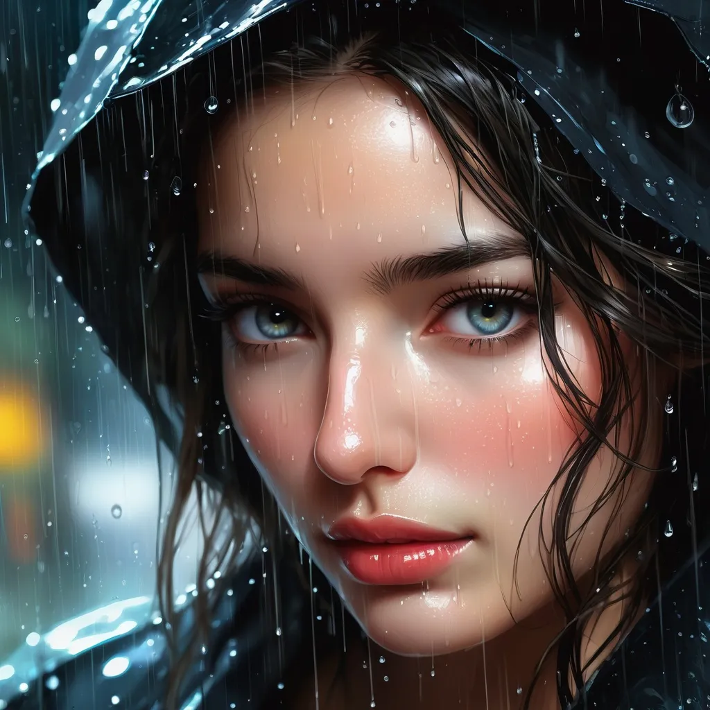 Prompt: digital painting of a close up of a woman's face, wet from rain, soaked, midnight, robot