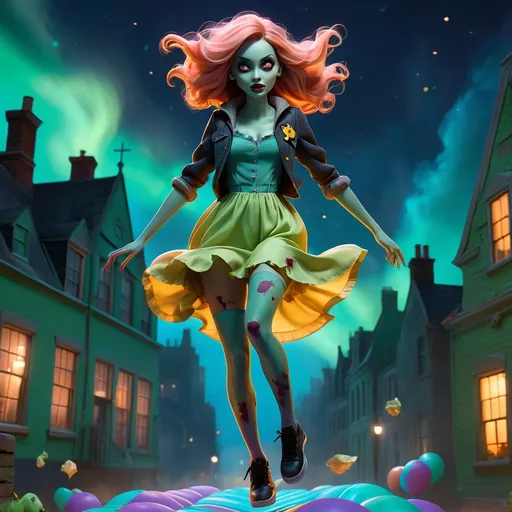 Prompt: beautiful zombie woman, legs showing, arms showing, jumping, fragonard, pixar, glowing eyes, dusk, Gothic, pale green skin, night sky, city, bioluminescent, wearing tattered clothing, blood, blood spatter, galaxy, backlit, glowing, delicate, peach, indigo, teal, grey, black, soft, straight hair, long hair, ethereal, dark night, luminous, 3D lighting, soft light, detailed face, realistic face, HD,  yellow school bus, ((bouncy castle)), ((jumping)), jump