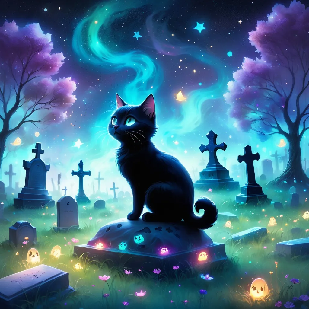 Prompt: Cute Pixar style painting, an adorable cat spirit, graveyard, midnight, translucent skin,  floating, nebula, galaxy, stars, fireflies, glowing eyes, glowing, Graves, cemetery, soft light, 4k, beautiful , gravestones, crypt, dead trees, hill