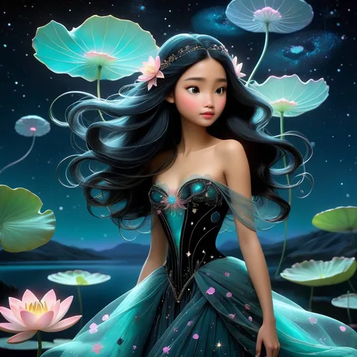 Prompt: beautiful girl, pixar, Yoshitaka Amano, midnight, lake, bioluminescent, veils, intricate frock, stars, silk, lilypads, nebula, galaxy, luminous, soft light, teal, pink, black