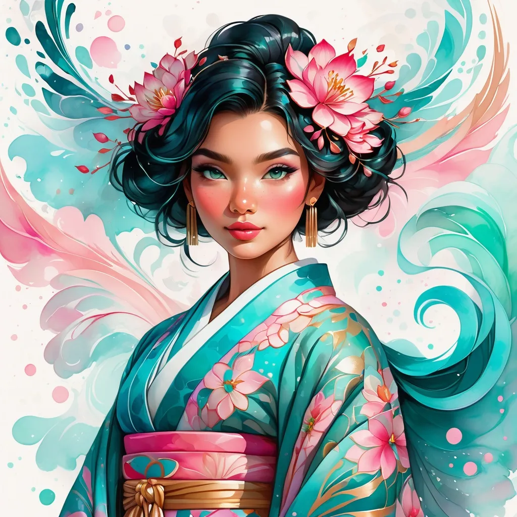 Prompt: A woman wearing an intricate kimono, digital watercolor painting,  paint splatter, bold brush strokes, tan skin, bright colors on white background, ice blue pink teal color palette, symmetrical, adorable, cute, Pixar style painting, art nouveau