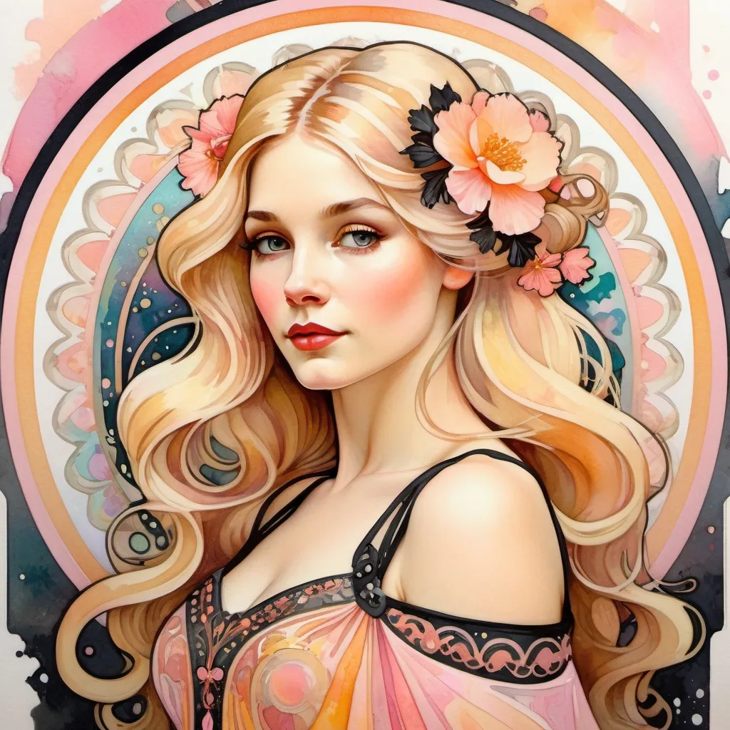 Prompt: A woman wearing an intricate frock, digital watercolor painting,  paint splatter, long blonde hair, bold brush strokes, pale skin, bright colors on white background, pink peach yellow black color palette, symmetrical, adorable, cute, Pixar style painting, art nouveau