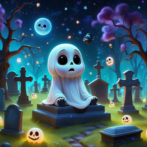 Prompt: Cute Pixar style painting, an adorable ghost, graveyard, midnight, translucent skin,  floating, nebula, galaxy, stars, fireflies, glowing eyes, glowing, Graves, cemetery, soft light, 4k, beautiful , gravestones, crypt, skeleton, dead trees, hill