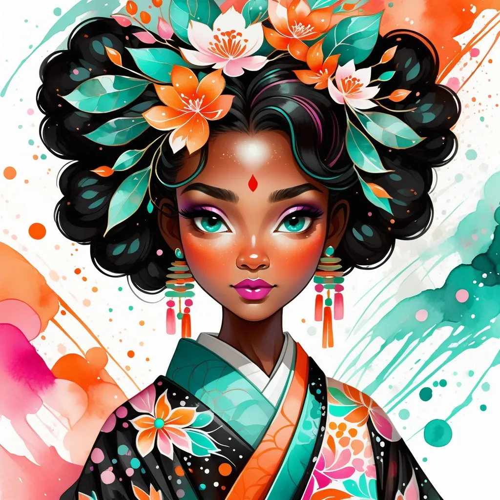 Prompt: A woman wearing an intricate kimono, digital watercolor painting,  paint splatter, bold brush strokes, dark skin, bright colors on white background, teal orange pink black white color pallette, symmetrical, adorable, cute, Pixar style painting, art nouveau