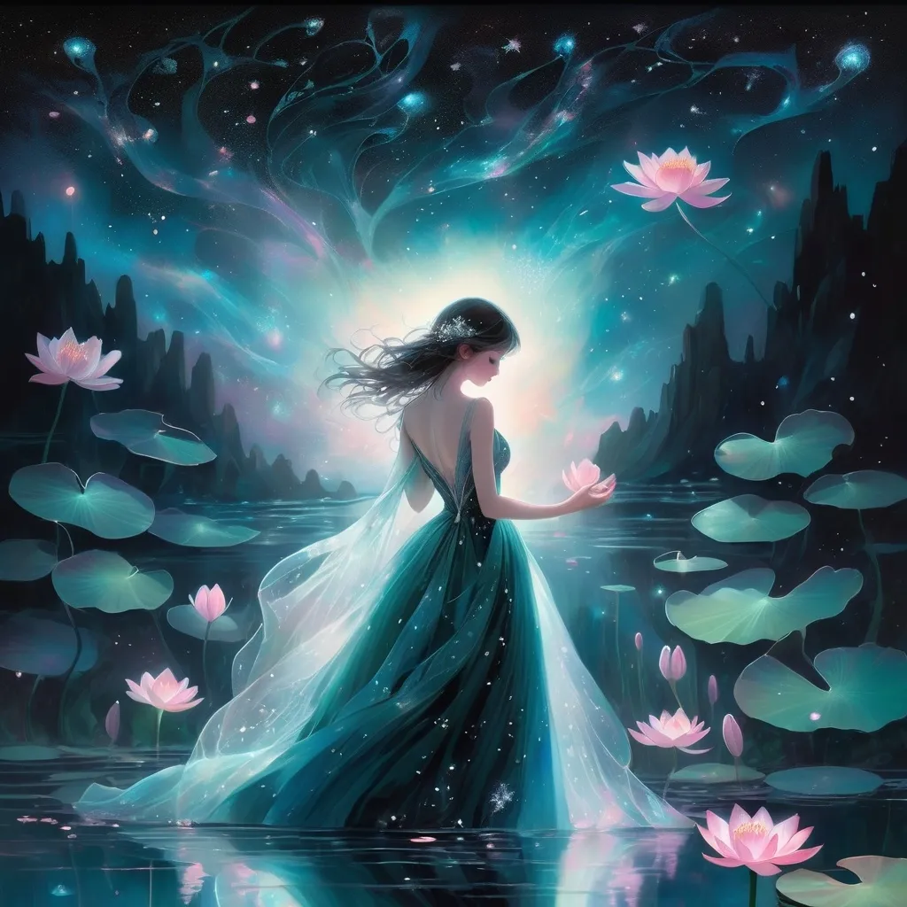 Prompt: beautiful girl, pixar, Yoshitaka Amano, midnight, lake, bioluminescent, veils, intricate frock, stars, silk, lilypads, nebula, galaxy, luminous, soft light, teal, pink, black