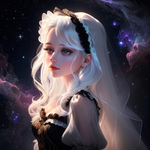 Prompt: painting of Angelise Reiter, style of Fragonard, Pixar, Bob Ross, black eyeshadow, white hair, straight hair, dusk, bioluminescent, veils, stars, glowing, night sky, delicate, soft, silk, threads, ethereal, nebula, galaxy, luminous, ribbons, 3D lighting, soft light