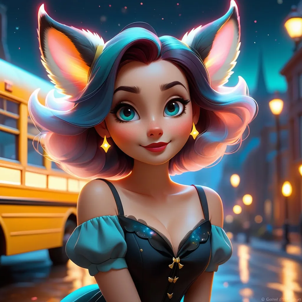 Prompt: cute girl, corgi ears, corgi tail, legs showing, arms showing, fragonard, pixar, glowing eyes, dusk, Gothic, night sky, city, bioluminescent, galaxy, backlit, glowing, delicate, peach, indigo, teal, grey, black, soft, straight hair, long hair, ethereal, dark night, luminous, 3D lighting, wings, devil horns, soft light, detailed face, realistic face, HD, evil, deep red paint splatter, garnet red paint spatter, slight smile, ((yellow school bus))