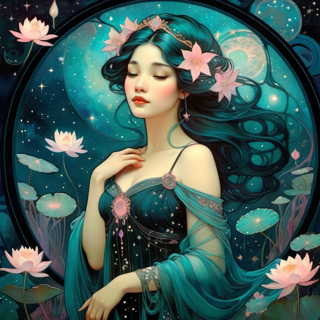 Prompt: beautiful girl, pixar, Yoshitaka Amano, midnight, lake, bioluminescent, veils, intricate frock, stars, silk, lilypads, nebula, galaxy, luminous, soft light, teal, pink, black