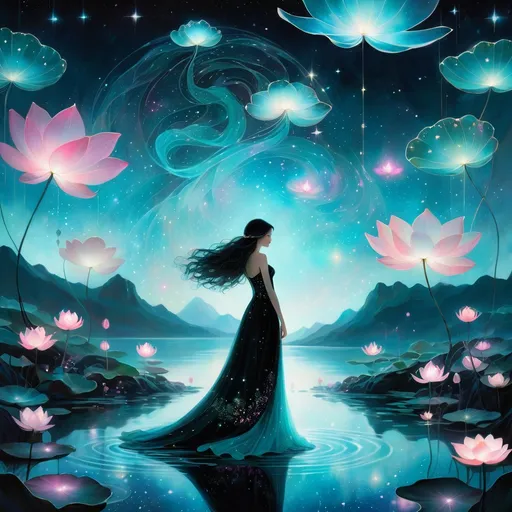 Prompt: beautiful girl, pixar, Yoshitaka Amano, midnight, lake, bioluminescent, veils, intricate frock, stars, silk, lilypads, nebula, galaxy, luminous, soft light, teal, pink, black