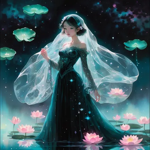 Prompt: beautiful girl, pixar, Yoshitaka Amano, midnight, lake, bioluminescent, veils, intricate frock, stars, silk, lilypads, nebula, galaxy, luminous, soft light, teal, pink, black