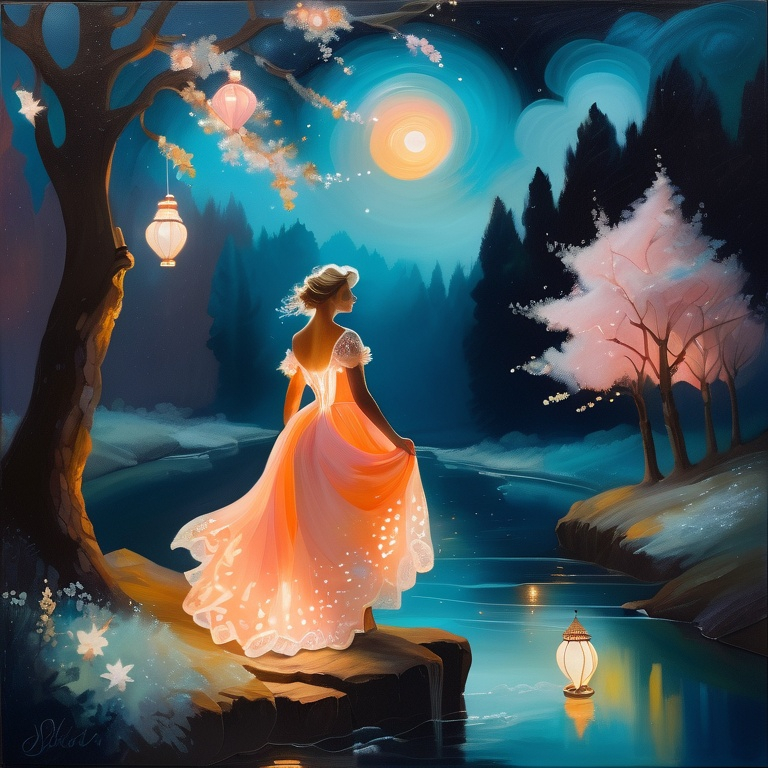 Prompt: painting of a Angelise Reiter, style of Fragonard, Pixar, Bob Ross, (messy hair), arms showing, legs showing, dusk, mid afternoon, sakura, peach, teal, bioluminescent, veils, (wearing intricate lace dress), (white stag horns),  (fluffy white wolf ears), stars, glowing, river, stream, lanterns, world tree, night sky, delicate, soft, silk, threads, ethereal, nebula, galaxy, luminous, ribbons, 3D lighting, soft light