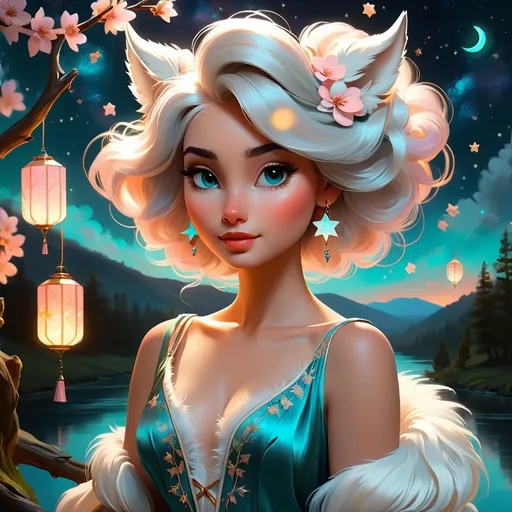 Prompt: painting of a beautiful girl, style of Fragonard, Pixar, Bob Ross, (messy hair), arms showing, dusk, midnight, ((night sky)), sakura, peach, teal, bioluminescent, veils, (wearing intricate silk top), (white stag horns),  (fluffy white wolf ears), stars, ((yggdrasil in the background)), glowing, river, stream, lanterns, world tree, night sky, delicate, soft, silk, threads, ethereal, nebula, galaxy, luminous, ribbons, 3D lighting, soft light