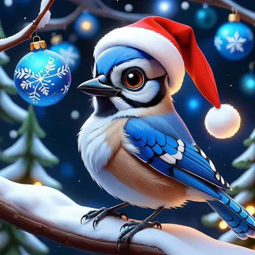 Prompt: Cute Pixar style painting, an adorable blue Jay, christmas, midnight, ornaments, christmas tree, gifts, Santa hat, christmas lights, nebula, galaxy, stars, fireflies, glowing,  snow, soft light, 4k, beautiful 