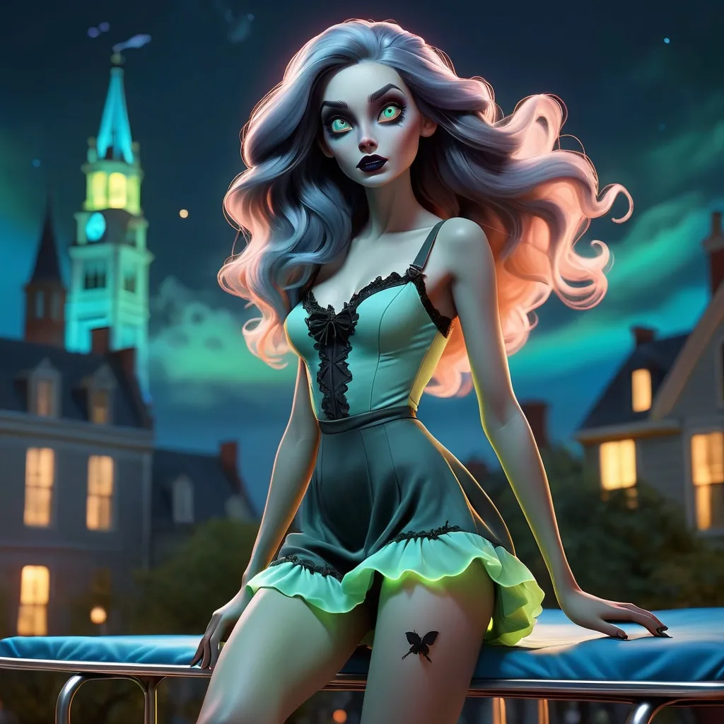 Prompt: beautiful zombie woman, legs showing, arms showing, fragonard, pixar, glowing eyes, dusk, Gothic, pale green skin, night sky, city, bioluminescent, galaxy, backlit, glowing, delicate, peach, indigo, teal, grey, black, soft, straight hair, long hair, ethereal, dark night, luminous, 3D lighting, soft light, detailed face, realistic face, HD,  yellow school bus, ((trampoline)), ((scream)), ((jumping)), jump