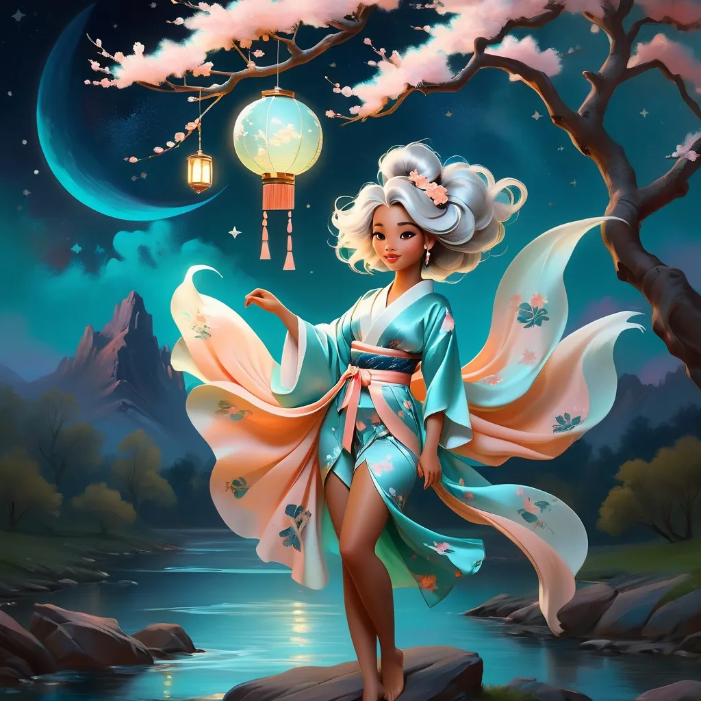 Prompt: painting of a beautiful girl, style of Fragonard, Pixar, Bob Ross, (messy hair), arms showing, legs showing, dusk, midnight, ((night sky)), sakura, peach, teal, bioluminescent, veils, (wearing intricate kimono), (white stag horns),  (fluffy white wolf ears), stars, ((yggdrasil in the background)), glowing, river, stream, lanterns, world tree, night sky, delicate, soft, silk, threads, ethereal, nebula, galaxy, luminous, ribbons, 3D lighting, soft light