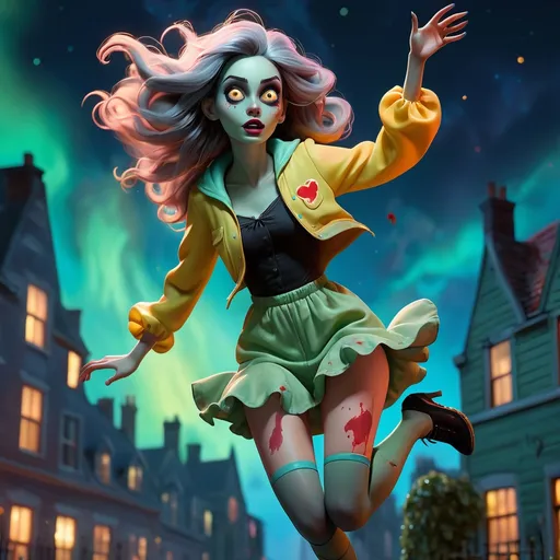 Prompt: beautiful zombie woman, legs showing, arms showing, jumping, fragonard, pixar, glowing eyes, dusk, Gothic, pale green skin, night sky, city, bioluminescent, wearing tattered clothing, blood, blood spatter, galaxy, backlit, glowing, delicate, peach, indigo, teal, grey, black, soft, straight hair, long hair, ethereal, dark night, luminous, 3D lighting, soft light, detailed face, realistic face, HD,  yellow school bus, ((bouncy castle)), ((jumping)), jump