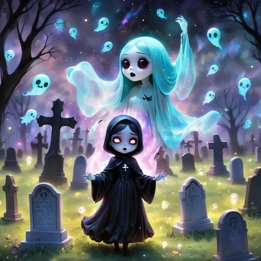 Prompt: Cute Pixar style painting, an adorable ghost woman, dressed in gothic clothing, graveyard, midnight, translucent skin, floating, nebula, galaxy, stars, fireflies, glowing eyes, glowing, Graves, cemetery, soft light, 4k, beautiful , gravestones, crypt, dead trees, hill