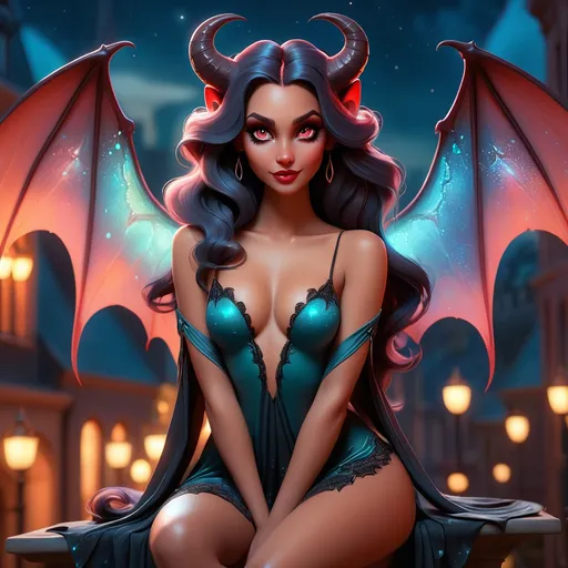 Prompt: beautiful, sensual succubus, legs showing, arms showing, holding legs, fragonard, pixar, glowing eyes, dusk, Gothic, night sky, city, bioluminescent, galaxy, backlit, glowing, delicate, peach, indigo, teal, grey, black, soft, straight hair, long hair, ethereal, dark night, luminous, 3D lighting, wings, devil horns, soft light, detailed face, realistic face, HD, evil, deep red paint splatter, garnet red paint spatter, slight smile