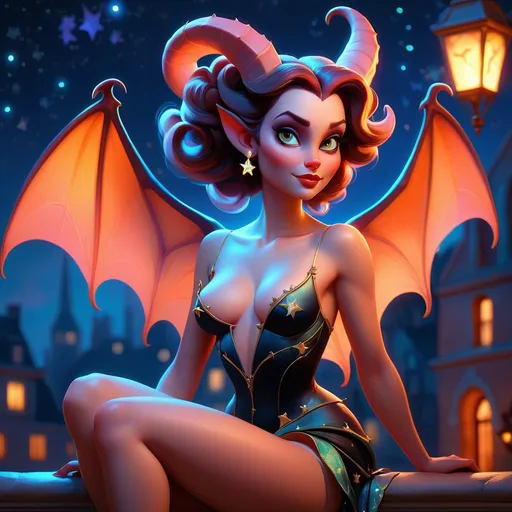 Prompt: Painting of a beautiful succubus woman, legs showing, arms showing, style of fragonard, style of pixar, dusk, City background, bioluminescent, glowing, delicate, soft, ethereal, stars in the sky, dark night, luminous, 3D lighting, soft light, detailed face, realistic face, HD