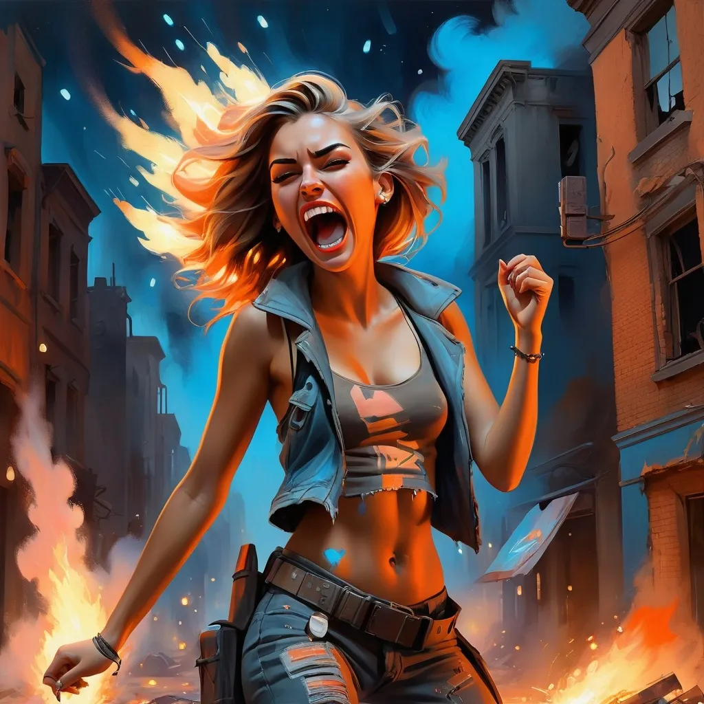 Prompt: painting of a woman, baring teeth, screaming, torn clothing, nighttime, post apocalyptic city street, throwing fireballs, hands on fire, cyberpunk, ruins, trash, galaxy, soft light, pastel colors, explosions, street on fire, orange and blue, art, painting, fireflies