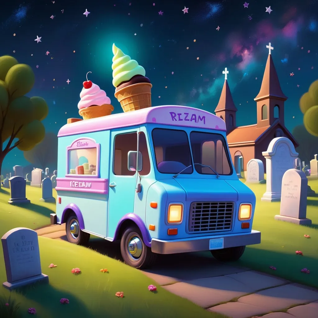 Prompt: Cute Pixar style painting, an ice cream truck, a hilly graveyard, cemetery, soft light, backlit, midnight, galaxy, stars