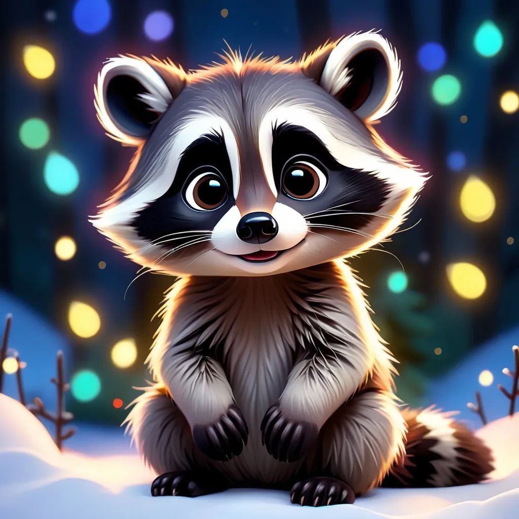Prompt: Cute Pixar style painting, an adorable raccoon, christmas, midnight, christmas lights, nebula, galaxy, stars, fireflies, glowing,  snow, soft light, 4k, beautiful 