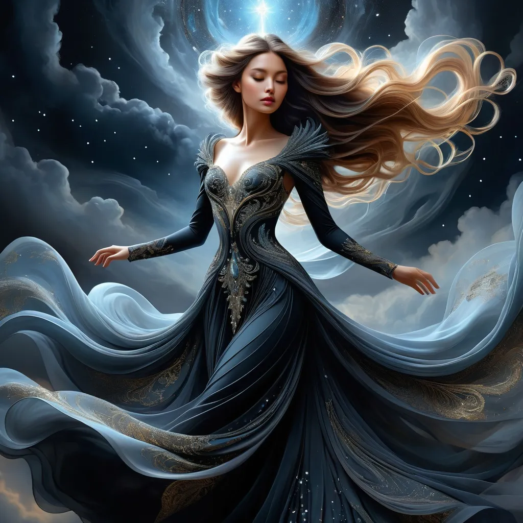 Prompt: painting of a spirit of darkness, descending from the sky, intricate long flowing gown, hyperdetailed by yoshitaka amano and Ekaterina Savic, fantasy art, celestial, ethereal, digital illustration, volumetric lighting