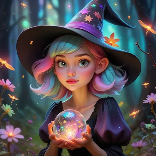 Prompt: a young witch with short multicolored hair, Disney style, witch hat, forest, flowers, nighttime, galaxy, soft light, art, painting, sweet, fireflies, pastel, holding a crystal ball