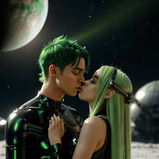 Prompt: Hyper realistic, Floating in Alien Metal planet in background, Full view image, Beautiful Alien Girl kissing and hugging a Alien Boy romantically, ((White skin tone)), Alien girl with long green Hair, Alien Girl with emerald horn, Alien boy with short green hair, in A Metallic black obsidian dress, red hot pendant on neck, portrait, Mysterious Extraterrestrial Tattoo on neck, ((Insect Antenna on head)), ((Alien Pupils))