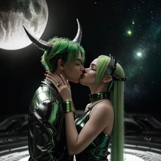 Prompt: Hyper realistic, Floating in Alien Metal planet in background, Full view image, Beautiful Alien Girl kissing a Alien Boy romantically, ((White skin tone)), Alien girl with long green Hair, Alien Girl with emerald horn, Alien boy with short green hair, in A Metallic black obsidian dress, red hot pendant on neck, portrait, Mysterious Extraterrestrial Tattoo on neck, ((Insect Antenna on head)), ((Alien Pupils))