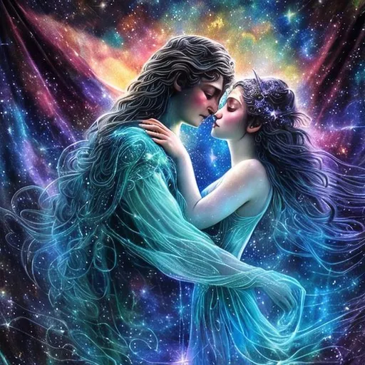 Prompt: Amidst the cosmic tapestry, two celestial beings, one with iridescent wings shimmering like the stars themselves, and the other adorned with tendrils of living light, find solace in each other's embrace. Their love transcends the boundaries of galaxies, weaving through the fabric of space and time, as they dance under the canopy of a nebula, their whispers echoing through the void like celestial harmonies, entwining their essences in a celestial waltz of eternal devotion