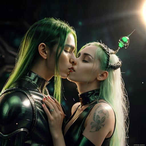 Prompt: Hyper realistic, Floating in Alien Metal planet in background, Full view image, Beautiful Alien Girl kissing a Alien Boy, ((White skin tone)), long green Hair,in A Metallic black obsidian dress, red hot pendant on neck, portrait, Mysterious Extraterrestrial Tattoo on neck, ((Insect Antenna on head)), ((Alien Pupils))
