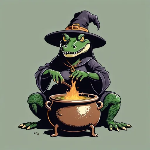 Prompt: aligator witch cuca from brazilian folklore stirring a potion cauldron, front faced, vector art white backgroung, simple style, evil looking