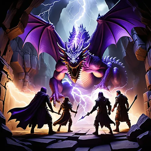 Prompt: hyper-realistic (dungeon scene) party of four adventurers, (dynamic action) Super Wizard casting a spell, (intense moment) large purple dragon unleashed lightning, (dramatic atmosphere) tense, high-stakes battle, (dark, moody lighting) glimmers of light from spells and lightning, (detailed background) stone cavern walls, shadows created by magical energy, (ultra-detailed, HD) vibrant colors contrasting shadows.