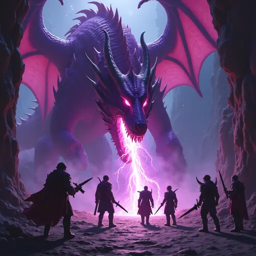 Prompt: Dungeon party of 4 with a Super Wizard attacking a large Purple Dragon. The dragon is blasting lightning at the party of 4