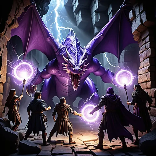 Prompt: hyper-realistic (dungeon scene) party of four adventurers, (dynamic action) Super Wizard casting a spell, (intense moment) large purple dragon unleashed lightning, (dramatic atmosphere) tense, high-stakes battle, (dark, moody lighting) glimmers of light from spells and lightning, (detailed background) stone cavern walls, shadows created by magical energy, (ultra-detailed, HD) vibrant colors contrasting shadows.