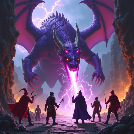 Prompt: Dungeon party of 4 with a Super Wizard attacking a large Purple Dragon. The dragon is blasting lightning at the party of 4