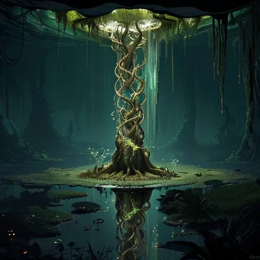 Prompt:  a Brass ant nest
 surrounded by swamp, etched, in a cavern