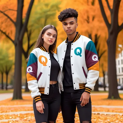 Prompt: A young  male and Female model wearing an Qazi Fashion print varsity jacket, posing confidently in a city park during autumn, with colorful leaves on the ground and soft sunlight filtering through the trees.