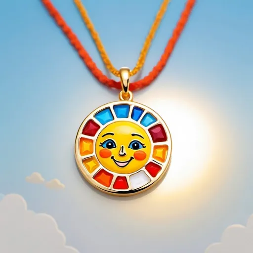 Prompt: Design Description:
Create an adorable sun pendant for a toddler that resembles a child's drawing. The sun features sparkling blue stone eyes, a cute smile, and comes in varying shades of orange and yellow for a playful touch. Include a very small red kite near the sun with a smiling face to match the cheerful theme. Add colorful enamel accents along the sun's rays for a vibrant look. Frame the design with a dainty gold border for an elegant touch. Personalize the pendant by engraving a sweet message or the child's name on the back, making it a truly special and endearing piece of jewelry.