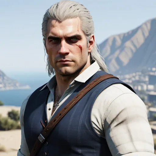 Prompt: henry cavill as geralt of rivia styled as a gta 5 character 