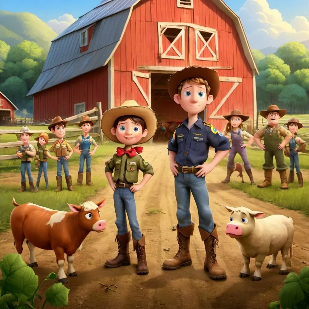 Prompt: Put the kids on the front cover "Farm Scouts" is a TV show about a group of adventurous and clever kids who call themselves the Farm Scouts. Living on a rural farm, they use their ingenuity and teamwork to tackle challenges and solve mysteries around the farm and in the surrounding countryside. Each episode, the Farm Scouts embark on a new adventure, from rescuing lost animals to uncovering hidden treasures buried in the fields. Write a pilot episode where the Farm Scouts discover a secret map hidden in an old barn, leading them on a quest to find a long-lost family heirloom that could save the farm from financial troubles.