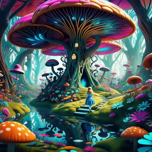 Prompt: (Alice in Wonderland trippy), surreal landscape, vibrant colors, exaggerated whimsical elements, distorted perspectives, dreamlike atmosphere, fantastical flora and fauna, kaleidoscopic patterns, whimsical characters, floating elements, enchanted forest, mysterious light sources, high contrast, (4K resolution), ultra-detailed, surreal and captivating vibe.