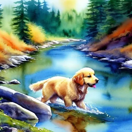 Prompt: Water color painting vibrant colors golden retriever puppy playing in river Pacific Northwest forest