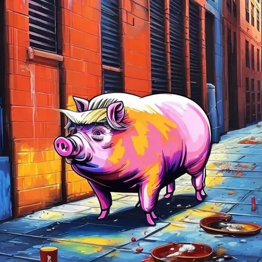 Prompt: Half pig man Donald trump vomiting in alley New York City oil painting vibrant colors sunset in summer