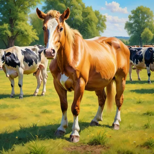 Prompt: Golden stallion standing on his back legs in a pasture with dairy cows photo realism 8k vibrant colors oil painting summer noon